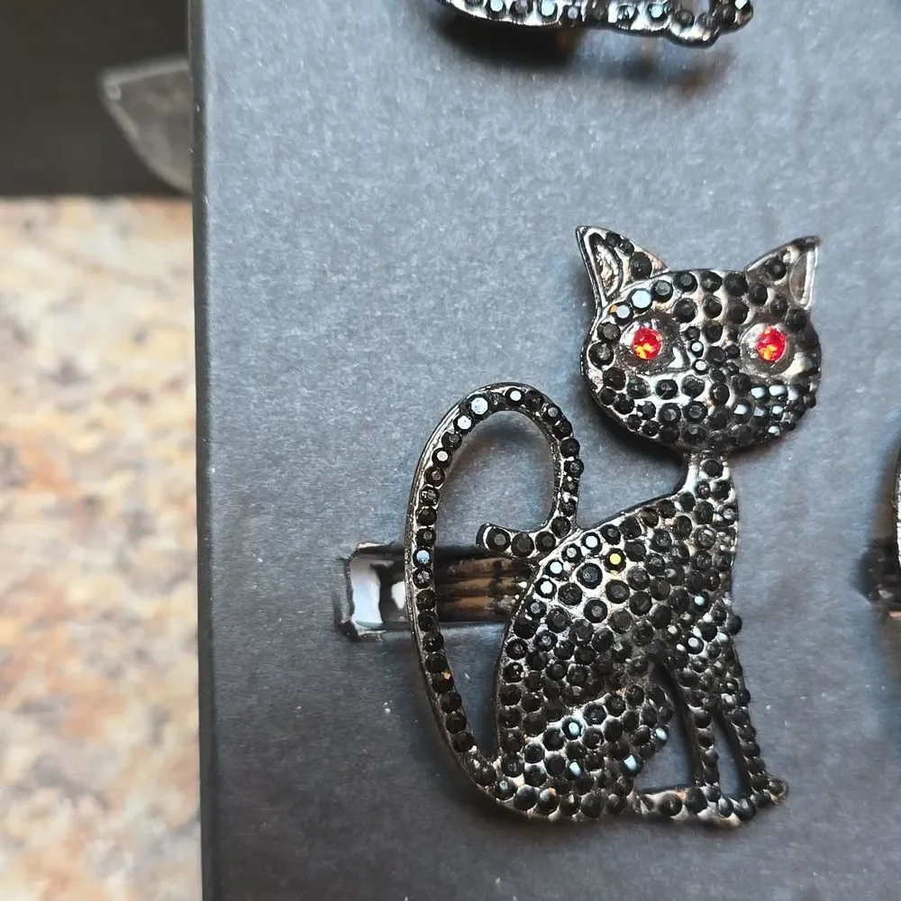 Tahari Black Cat Rhinestone Napkin Rings Set of 4 Red Eyes Halloween